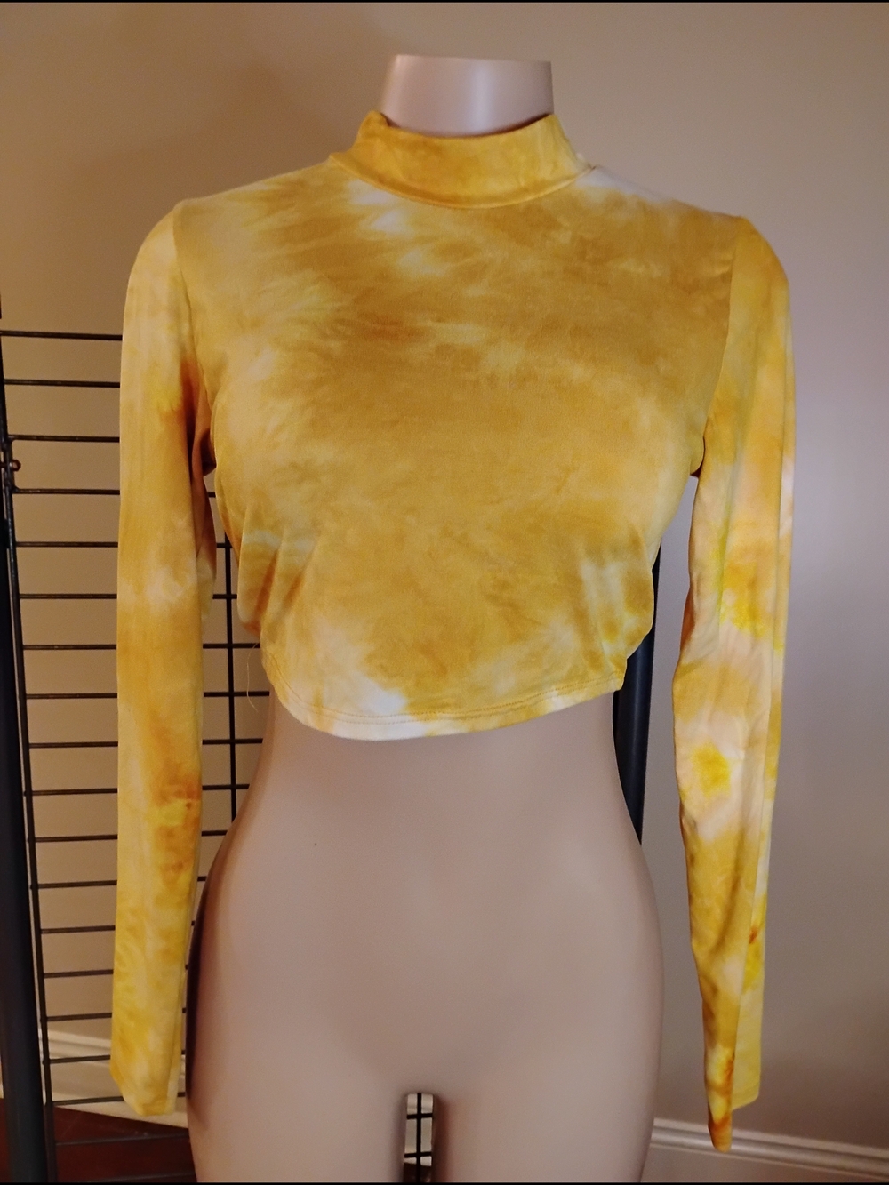 Women's Yellow Tie-Dye Mock Neck Crop Top